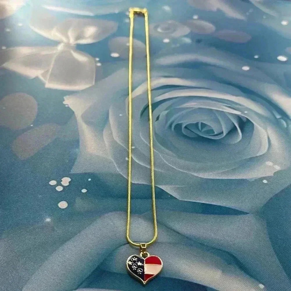 Handmade 18” Gold Red White & Blue Heart Necklace with Gold 1.2mm Snake Chain - Picture 5 of 9